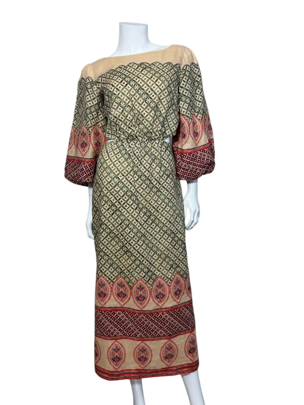 SALONI Linen Printed Side Cutout Midi Maxi Dress Puff Sleeve US 8 UK 12